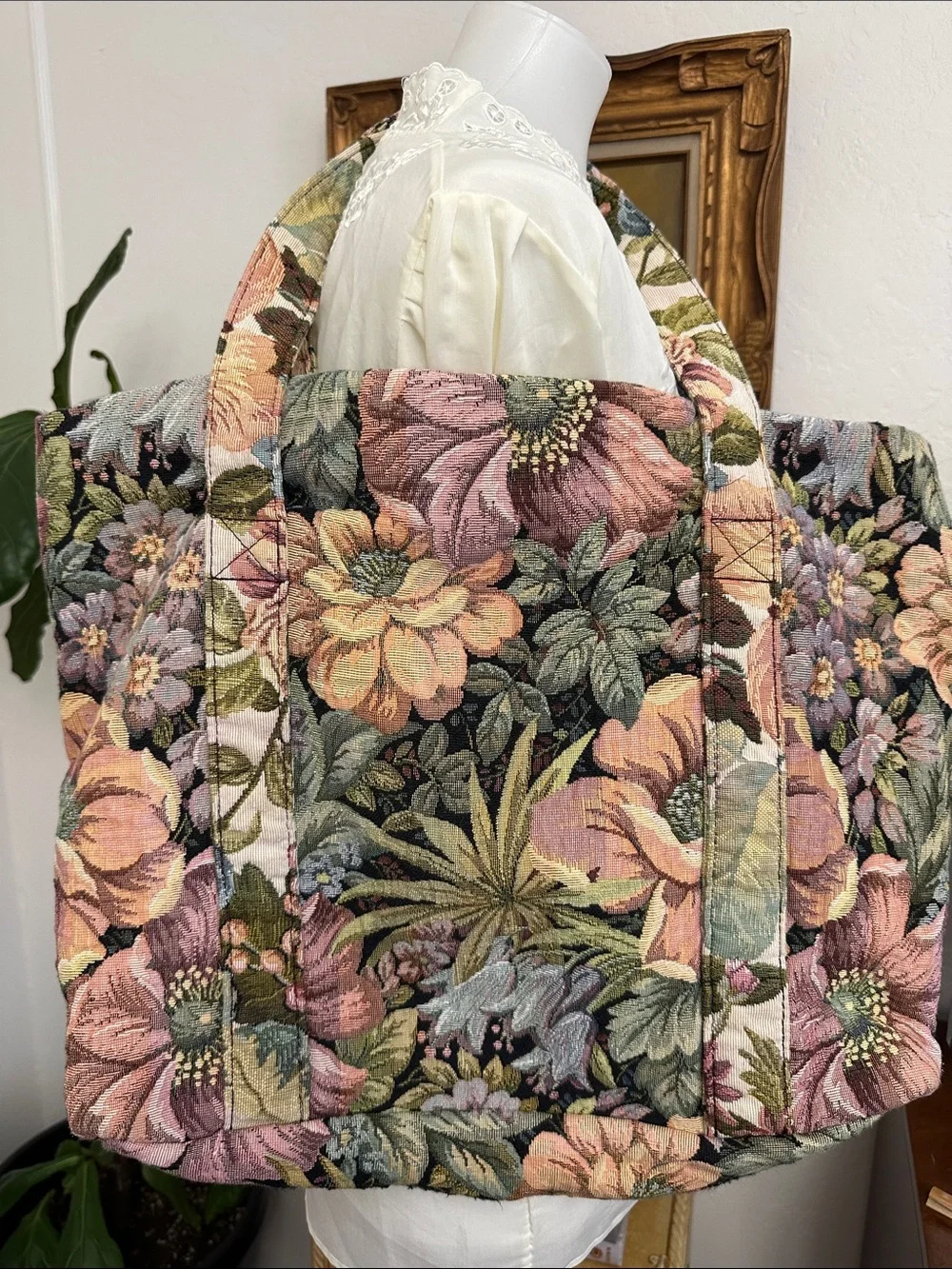 Floral Tapestry Tote Bag in Pink and Green